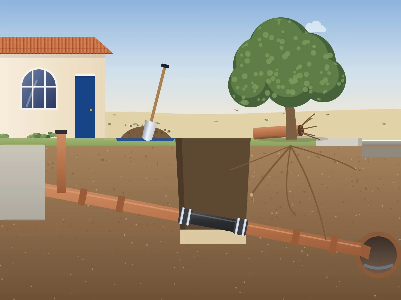 Illustration of a cutaway front yard where a short trench exposes a new black section in a clay sewer pipe, an old piece with roots beside it